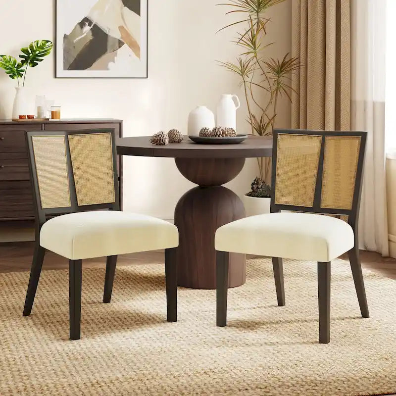 Sedia da pranzo imbottita con schienale in rattan Mid-Century - Set da 2