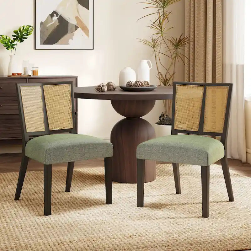 Sedia da pranzo imbottita con schienale in rattan Mid-Century - Set da 2