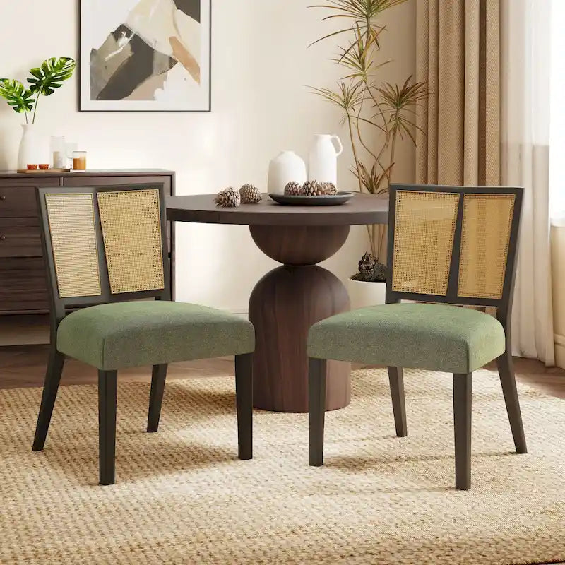 Sedia da pranzo imbottita con schienale in rattan Mid-Century - Set da 2