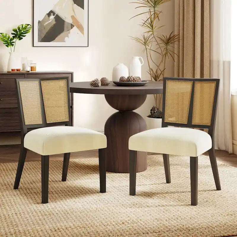 Sedia da pranzo imbottita con schienale in rattan Mid-Century - Set da 2