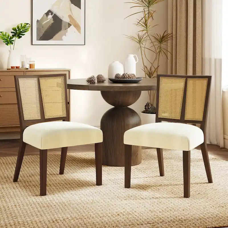 Sedia da pranzo imbottita con schienale in rattan Mid-Century - Set da 2