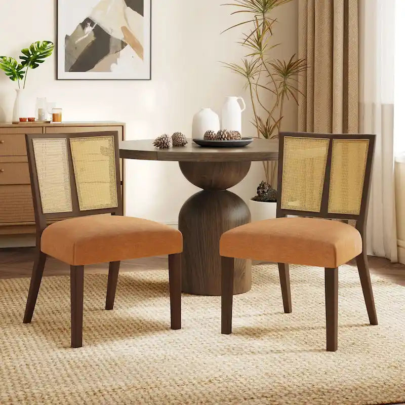 Sedia da pranzo imbottita con schienale in rattan Mid-Century - Set da 2