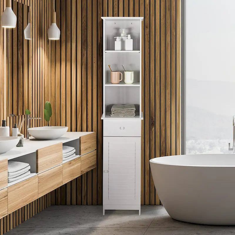 Mobiletto alto da bagno indipendente con ripiani a vista per la biancheria