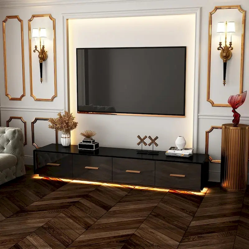 Consolle TV sospesa 70,9" con vano portaoggetti - Nera lucida