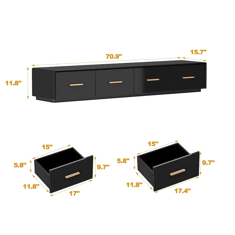 Consolle TV sospesa 70,9" con vano portaoggetti - Nera lucida