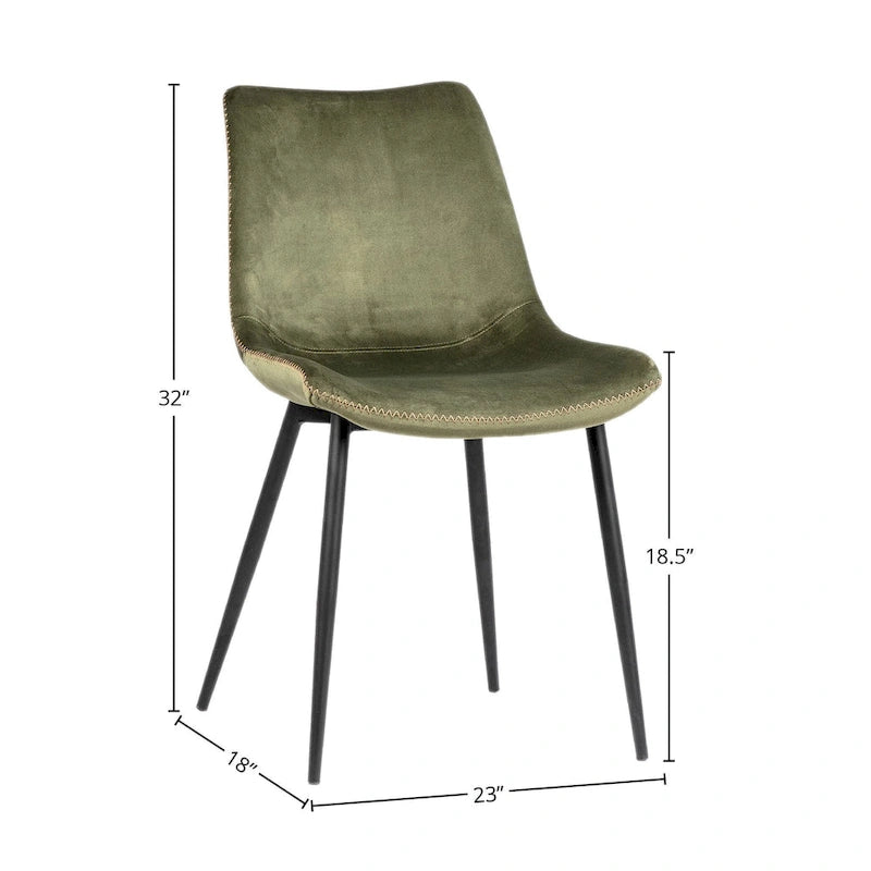 Sedia da pranzo imbottita in velluto con gambe a piolo nere, verde oliva