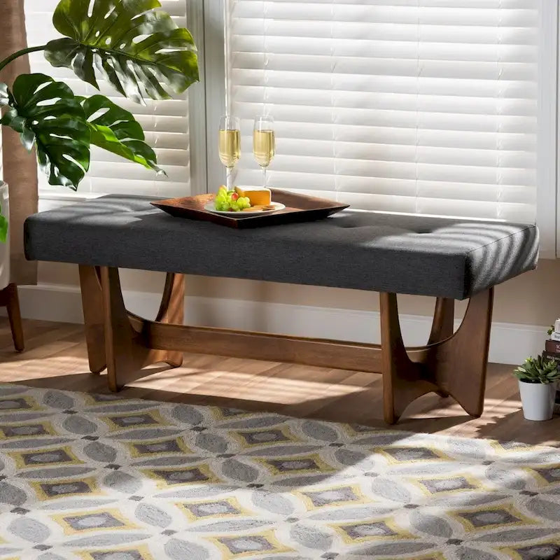 Panca imbottita in stile Mid-Century Modern con base effetto noce