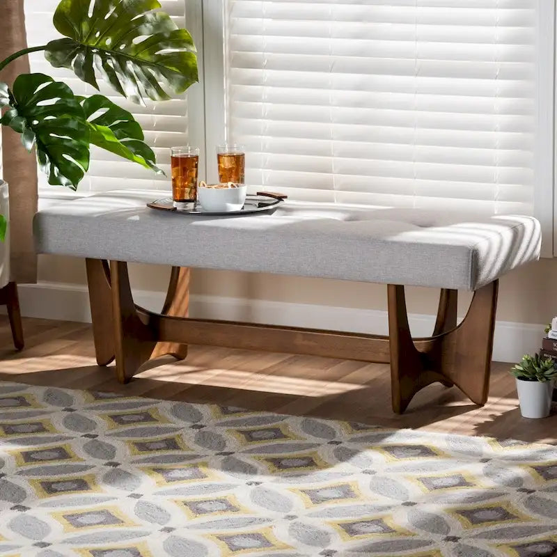 Panca imbottita in stile Mid-Century Modern con base effetto noce