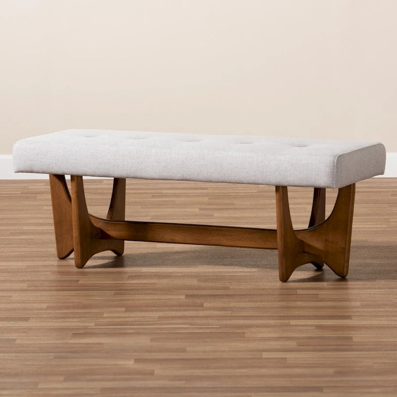 Panca imbottita in stile Mid-Century Modern con base effetto noce