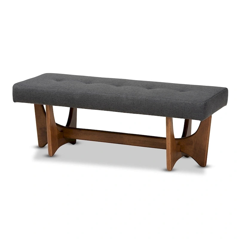 Panca imbottita in stile Mid-Century Modern con base effetto noce