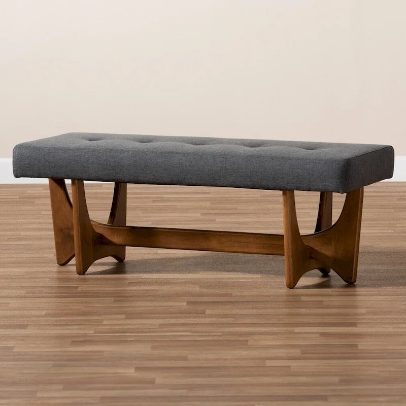 Panca imbottita in stile Mid-Century Modern con base effetto noce