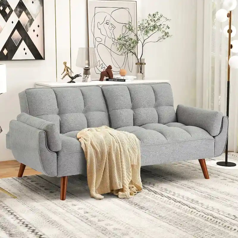 Divano Letto Futon Convertibile con Schienale Regolabile e 2 Braccioli a Cuscino