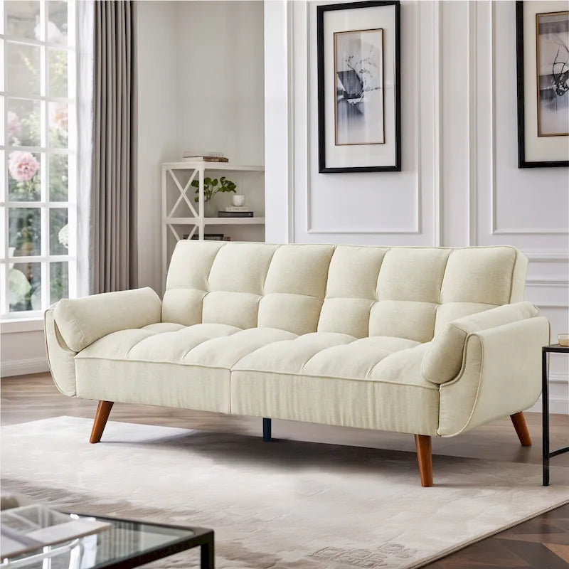 Divano Letto Futon Convertibile con Schienale Regolabile e 2 Braccioli a Cuscino