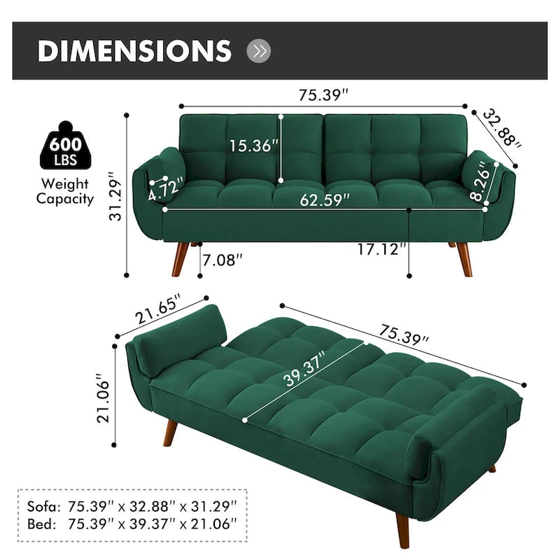 Divano Letto Futon Convertibile con Schienale Regolabile e 2 Braccioli a Cuscino