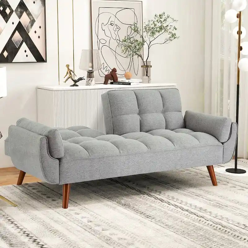 Divano Letto Futon Convertibile con Schienale Regolabile e 2 Braccioli a Cuscino