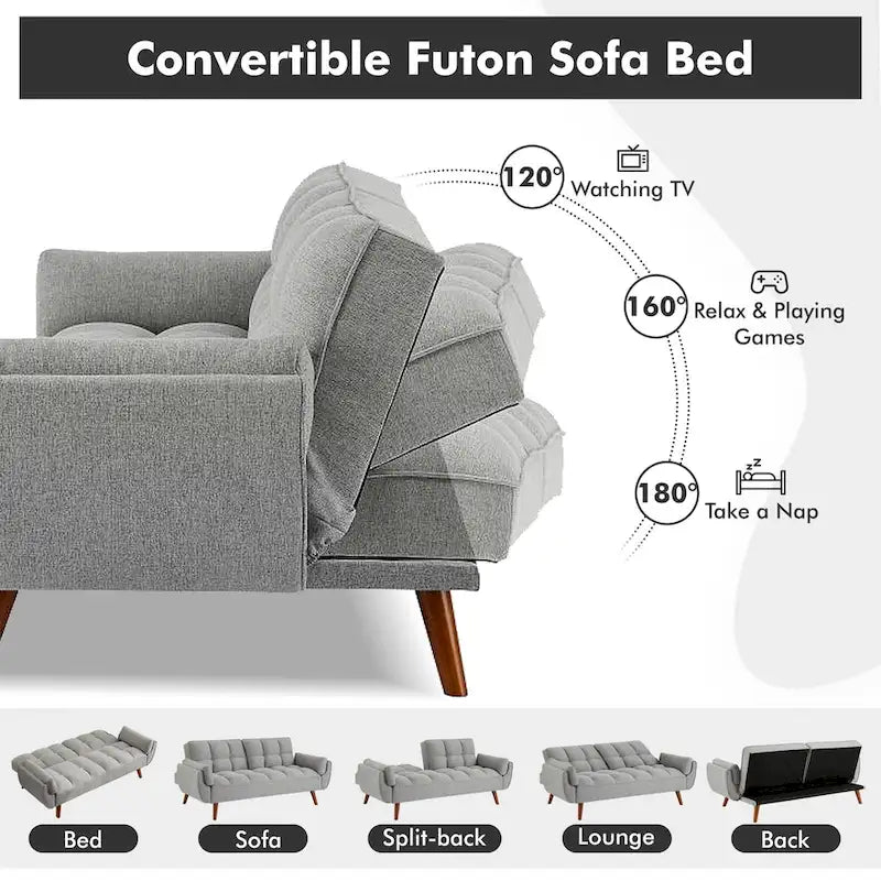 Divano Letto Futon Convertibile con Schienale Regolabile e 2 Braccioli a Cuscino