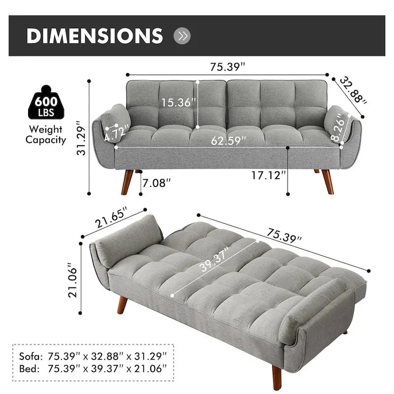 Divano Letto Futon Convertibile con Schienale Regolabile e 2 Braccioli a Cuscino