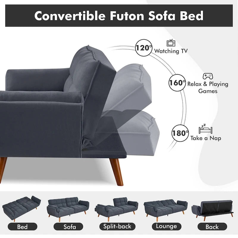 Divano Letto Futon Convertibile con Schienale Regolabile e 2 Braccioli a Cuscino