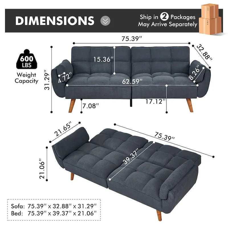 Divano Letto Futon Convertibile con Schienale Regolabile e 2 Braccioli a Cuscino