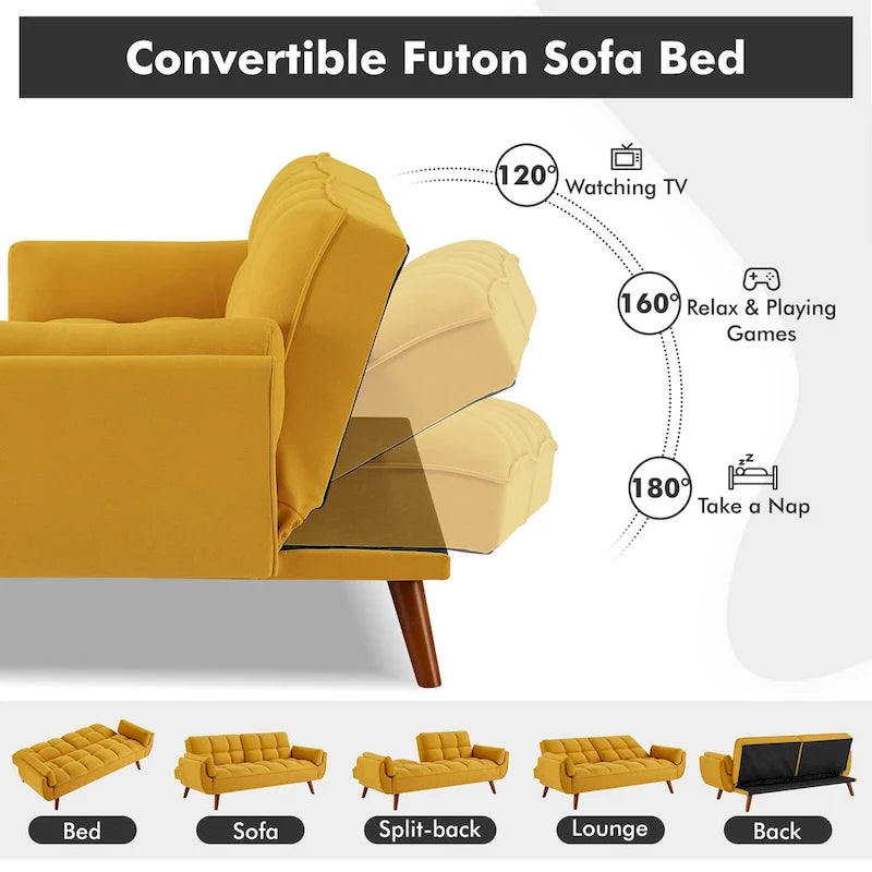 Divano Letto Futon Convertibile con Schienale Regolabile e 2 Braccioli a Cuscino