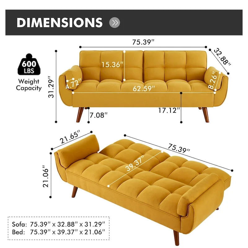 Divano Letto Futon Convertibile con Schienale Regolabile e 2 Braccioli a Cuscino
